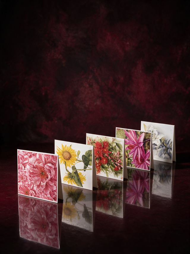 Five folded greeting cards standing in a row, each with a painted botanical front: pink blooms, a sunflower, red gum blossom, a pink lily and white lilies