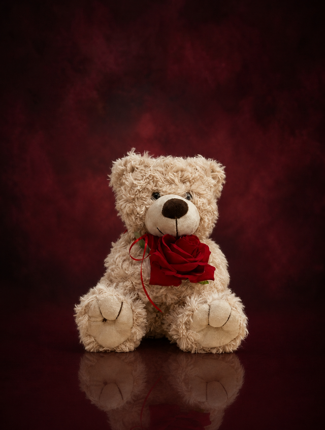 The Rose Bear, a soft beige plush teddy holding a single red rose tied with ribbon