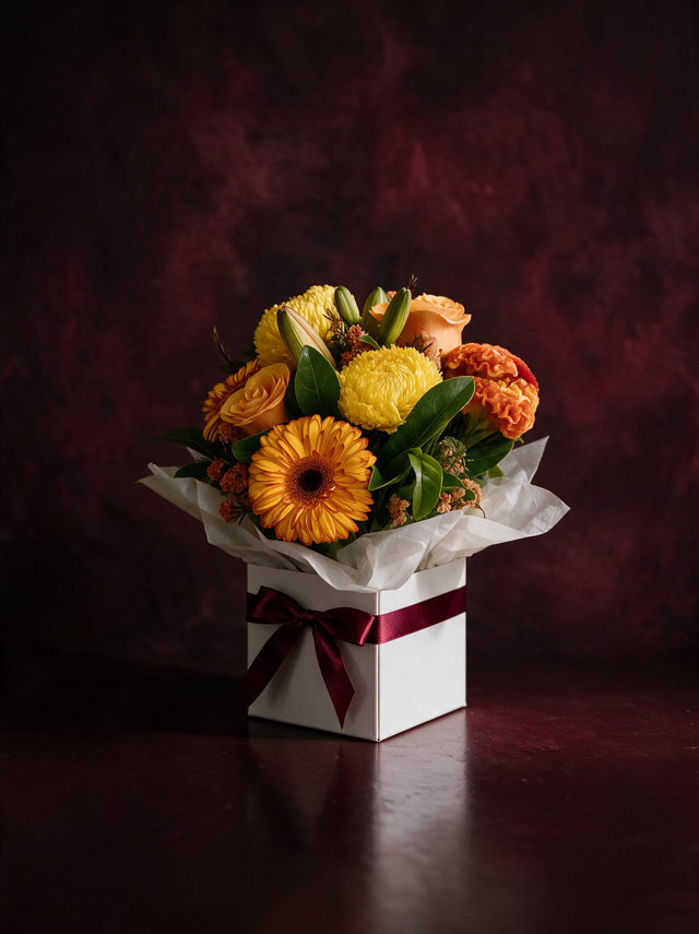 Carmen: an orange gerbera, yellow chrysanthemums, golden and apricot roses and rust celosia over glossy green leaves, in a white gift box with white tissue and a burgundy satin bow