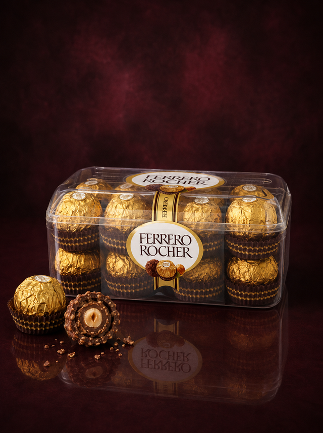 A 16 piece box of Ferrero Rocher in its clear case, gold foil wrapped chocolates inside, one loose beside it and one cut open to show the whole hazelnut