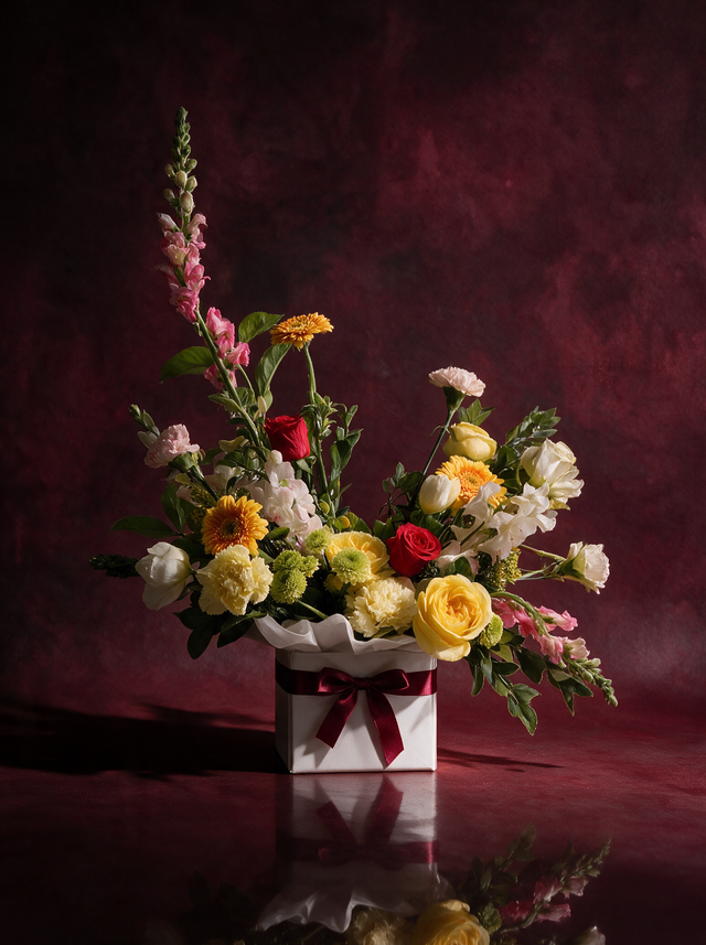 The Florist's Edit boxed arrangement in yellow and gold: yellow garden roses, gold gerberas, cream carnations and green button chrysanthemums with red roses, blush orchid sprays and pink snapdragon, in a white box tied with burgundy satin, made in Surfers Paradise