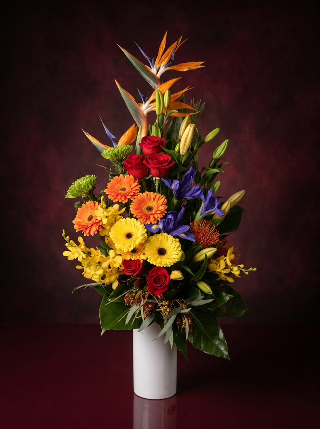 Paradise: birds of paradise, red roses, orange and yellow gerberas, blue iris, yellow orchids, lilies and pincushion protea in a white vase, made in Surfers Paradise