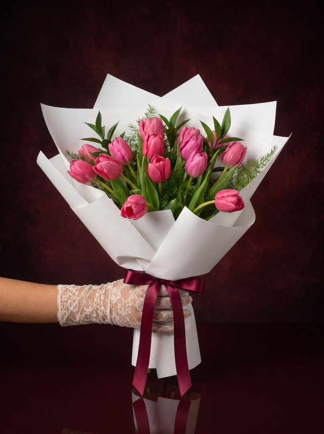 Tulips, the Classique: pink tulips hand-wrapped in white paper and tied with a burgundy ribbon, held in a lace-gloved hand, made in Surfers Paradise
