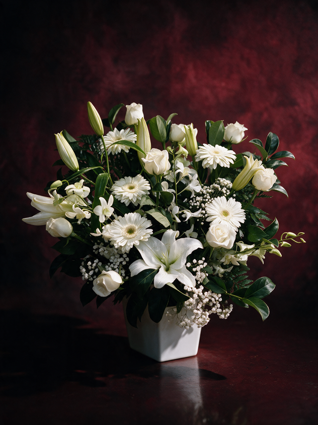 The Blanc Edit, an all-white arrangement of oriental lilies, roses, gerberas and dendrobium orchids with gypsophila in a white ceramic pot, made in Surfers Paradise