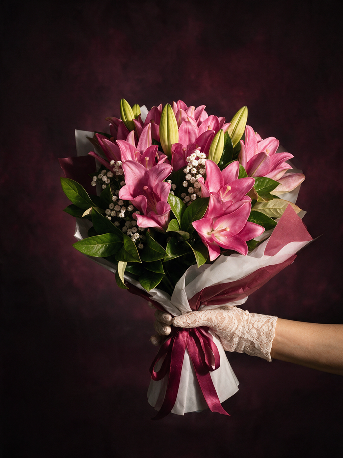 Pink lily bouquet held in a lace glove, on a deep burgundy studio background