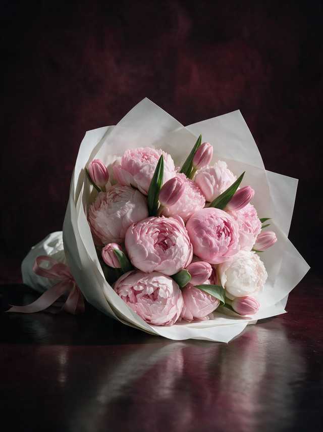The Camille bouquet seen face on: pink peonies and rose-pink tulips in white florist paper with a pink satin bow, resting on a dark polished floor against a deep burgundy backdrop.