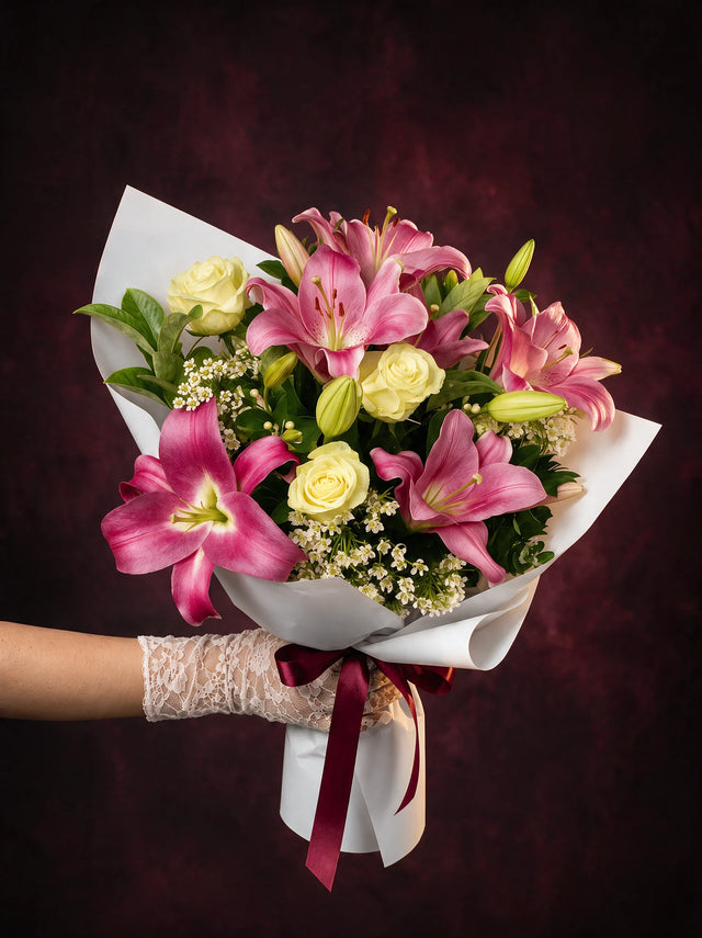 Rosalie, a hand-tied bouquet of Colombian roses and lilies in white paper with an oxblood satin ribbon, held in a lace glove.
