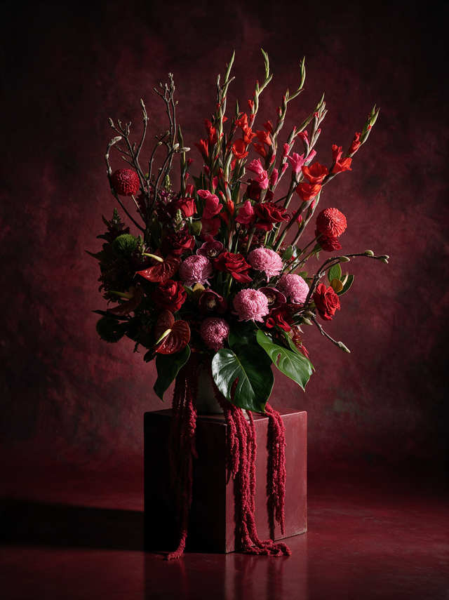 Tall red and burgundy flower arrangement on a dark plinth: scarlet and pink gladioli standing high over deep red roses, pink chrysanthemums, burgundy cymbidium orchids and glossy red anthuriums, with bare budded branches thrown out wide and crimson amaranthus falling over the edge to the floor