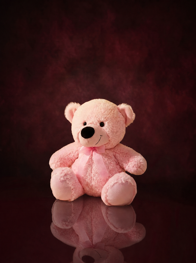 The Classic Bear in pink, a 25cm soft plush teddy with a pink satin bow