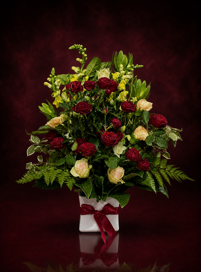 Vivienne: deep red spray roses and cream roses with yellow snapdragon and fern in a white ceramic vase tied with red ribbon, made in Surfers Paradise