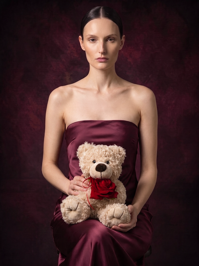 The Rose Bear held in both hands: a beige plush teddy holding a single red rose tied with red ribbon, made in Surfers Paradise
