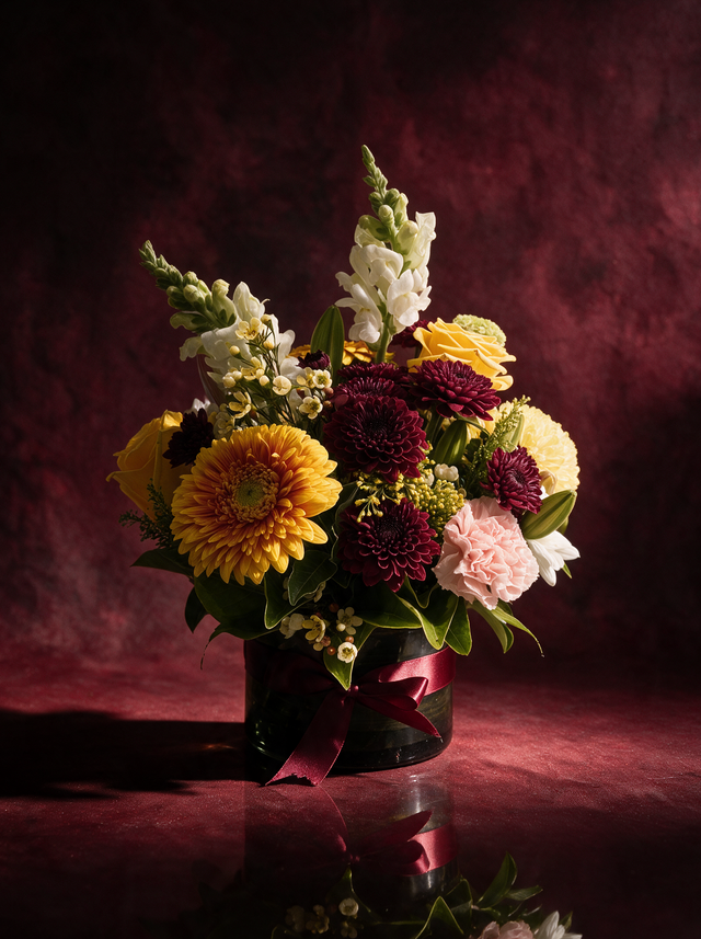 Seraphine in Bold and Bright: a golden gerbera, burgundy chrysanthemums, yellow roses, a pink carnation, white snapdragons and waxflower in a smoky glass vase tied with a burgundy ribbon, made in Surfers Paradise