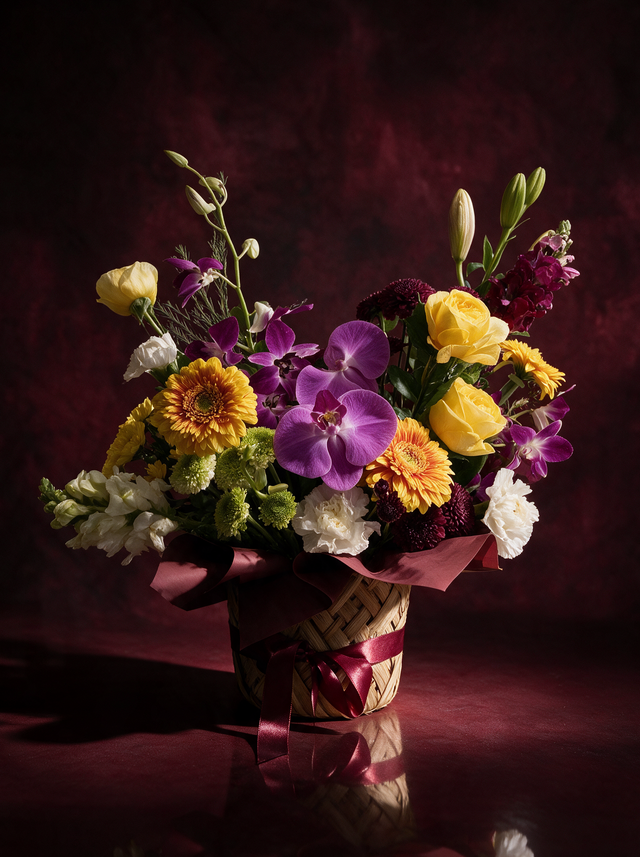 The Florist's Edit boxed arrangement in purple and gold: a purple phalaenopsis orchid and dendrobium sprays with orange-gold gerberas, yellow garden roses, green button chrysanthemums, white carnations and snapdragons and burgundy chrysanthemums, in a woven basket with burgundy paper and a satin bow, made in Surfers Paradise
