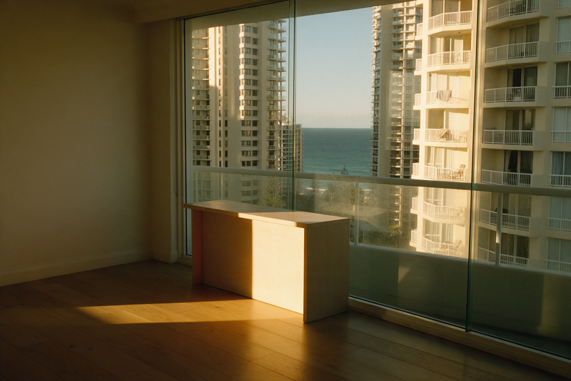 Late afternoon light falling into a high apartment above Surfers Paradise, looking out across the towers to the sea.