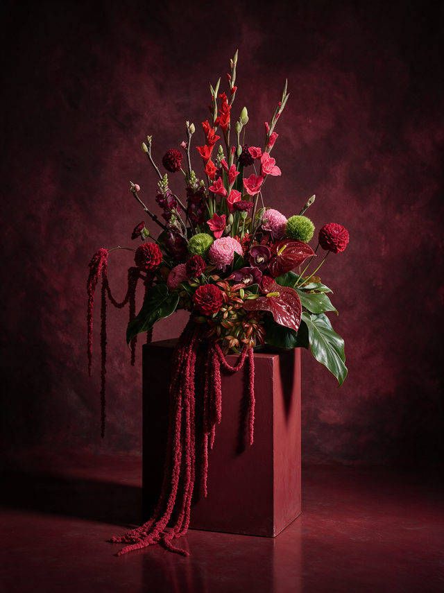 Upright red and burgundy flower arrangement on a dark plinth: scarlet and pink gladioli standing high over deep red dahlias, pink chrysanthemums, burgundy cymbidium orchids and glossy red anthuriums, with broad green leaves and long crimson amaranthus falling over the edge to the floor