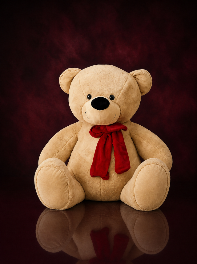 The Grand Bear, an 80cm beige plush teddy wearing a deep red scarf
