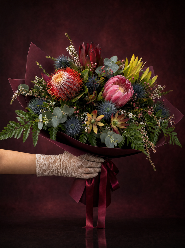 The Native Edit held in a lace glove: pink protea, orange pincushion banksia, blue eryngium and leucadendron in burgundy wrapping, made in Surfers Paradise
