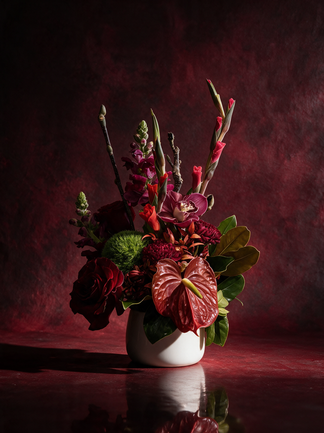 Compact red and burgundy arrangement: pink gladioli and magenta snapdragon rising over a burgundy cymbidium orchid, a glossy red anthurium, dark red roses, burgundy carnations and a lime green dianthus, with bronze-backed magnolia leaves and bare branches, in white ceramic
