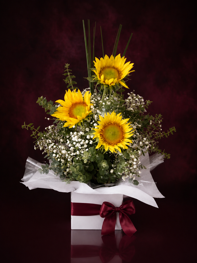 Three sunflowers with baby's breath and eucalyptus in a white gift box tied with a burgundy ribbon