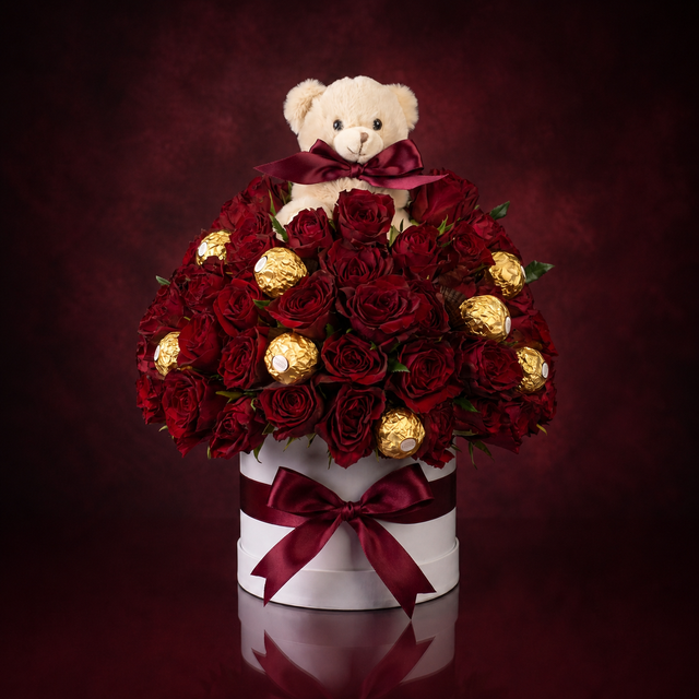 Amour Signature: red roses and gold-wrapped chocolates domed over a white box tied with a burgundy ribbon, a cream teddy at the top, made in Surfers Paradise