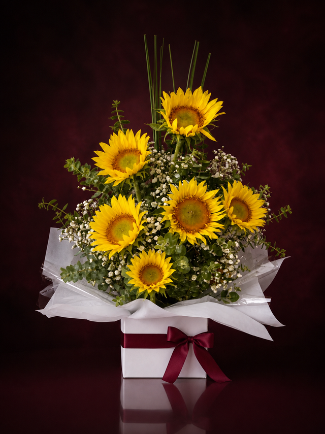 Six sunflowers with baby's breath and eucalyptus in a white gift box tied with a burgundy ribbon