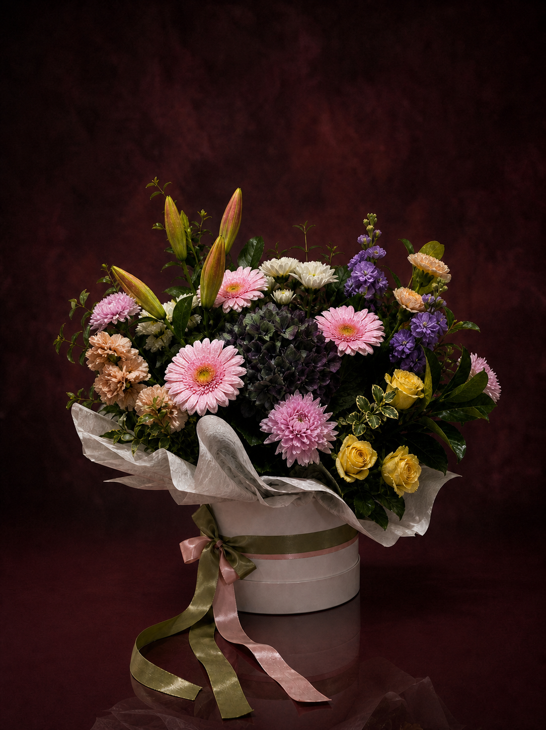 The Florist's Edit boxed arrangement in pinks and lilacs: gerberas, lilies, carnations and yellow roses in a round hat box tied with pink and olive ribbon