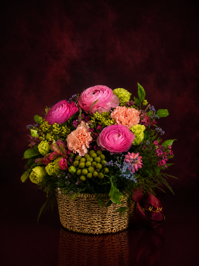Josephine, a low woven basket of pink and magenta ranunculus, peach carnations, lime green lisianthus and green hypericum berries, made in Surfers Paradise