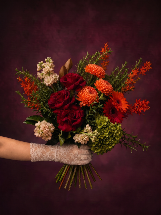 A mixed autumnal hand-tied bouquet held in a lace glove, on a deep burgundy studio background