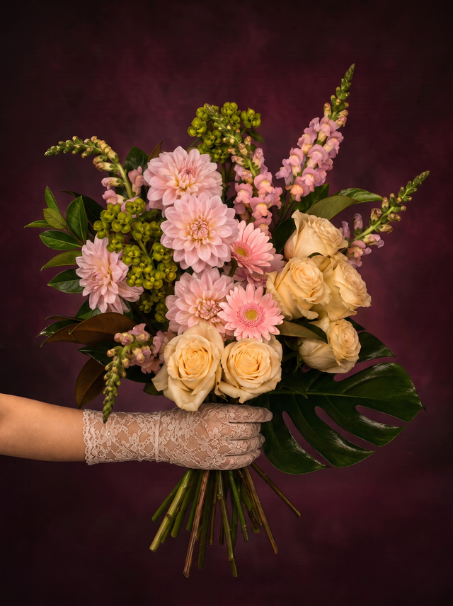 A pastel pink and cream hand-tied bouquet held in a lace glove, on a deep burgundy studio background