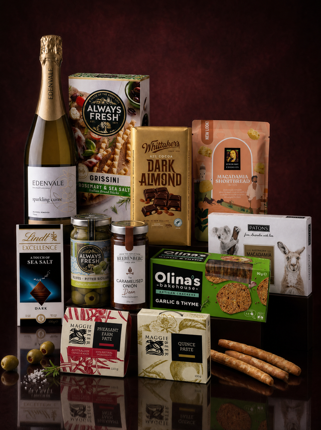 The Luxe gourmet hamper from Flowers of Surfers Paradise: a bottle of Edenvale non-alcoholic sparkling cuvee with Whittaker’s dark almond chocolate, Maggie Beer Pheasant Farm Pate and Quince Paste, Olina’s Bakehouse crackers, Always Fresh olives and grissini, Beerenberg caramelised onion, Patons macadamias, Lindt Excellence and Byron Bay Cookies shortbread, arranged on a dark burgundy background.