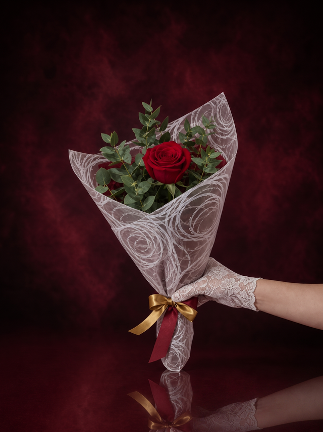 A single red rose with eucalyptus wrapped in patterned tissue and tied with gold and burgundy ribbon