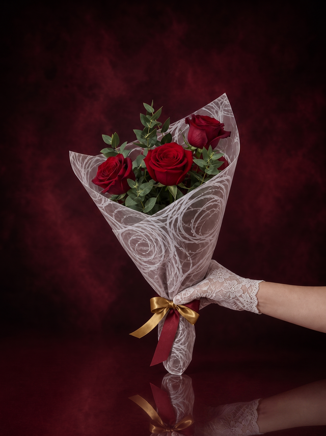 Three red roses with eucalyptus wrapped in patterned tissue and tied with gold and burgundy ribbon