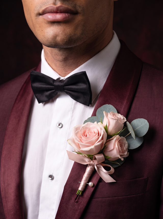 Blush pink rose buttonhole with silver dollar eucalyptus and a blush ribbon bow, pinned to a burgundy dinner jacket