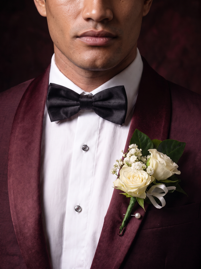 White rose buttonhole with baby's breath and white satin ribbon, pinned to the lapel of a burgundy dinner jacket