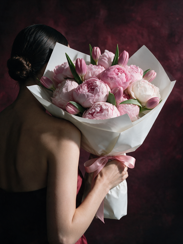 The Camille bouquet of pink peonies and rose-pink tulips, wrapped in white paper and tied with a pink satin bow, resting on the bare shoulder of a woman in an oxblood gown.