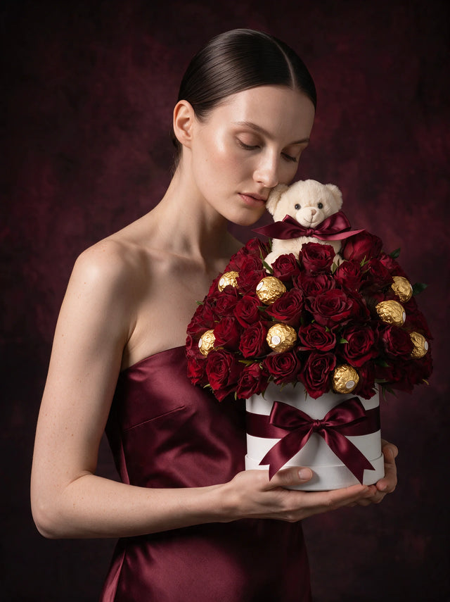 Amour held in the arm: red roses and gold-wrapped chocolates in a white box tied with a burgundy ribbon, a cream teddy at the top, made in Surfers Paradise