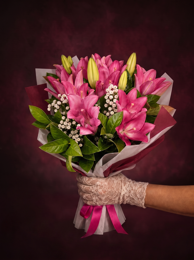 Pink lily bouquet held in a lace glove, on a deep burgundy studio background