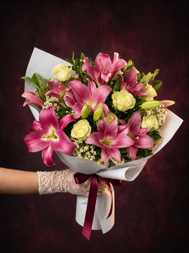 Rosalie in the Luxe size, a hand-tied bouquet of Colombian roses and lilies in white paper with an oxblood satin ribbon, held in a lace glove.