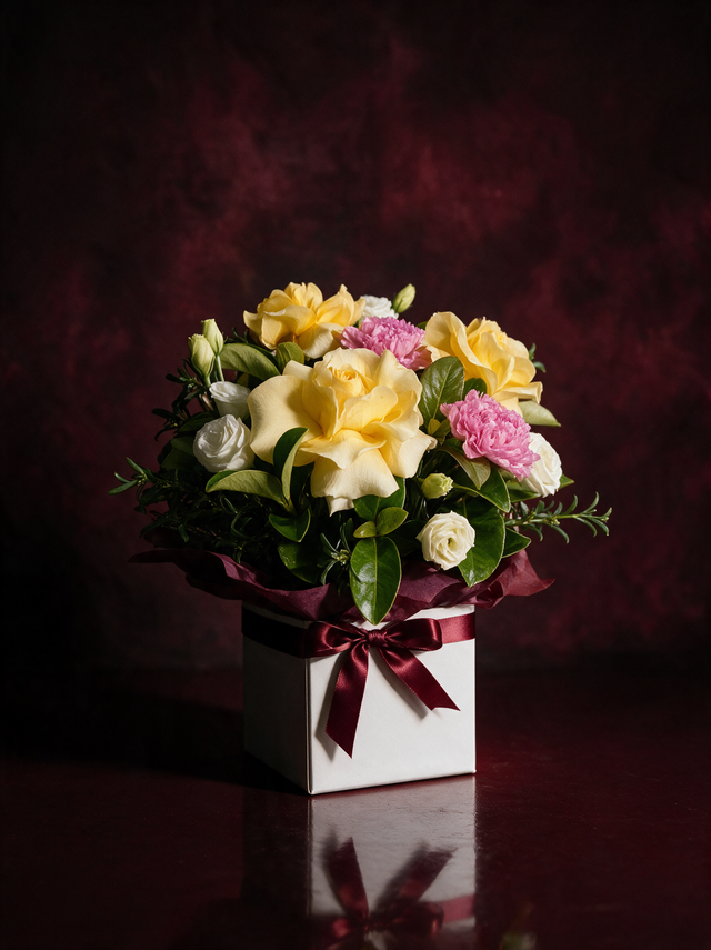 Mirabelle: butter-yellow roses, pink carnations and white lisianthus with glossy green foliage, in a white gift box wrapped in burgundy tissue and tied with a burgundy satin bow