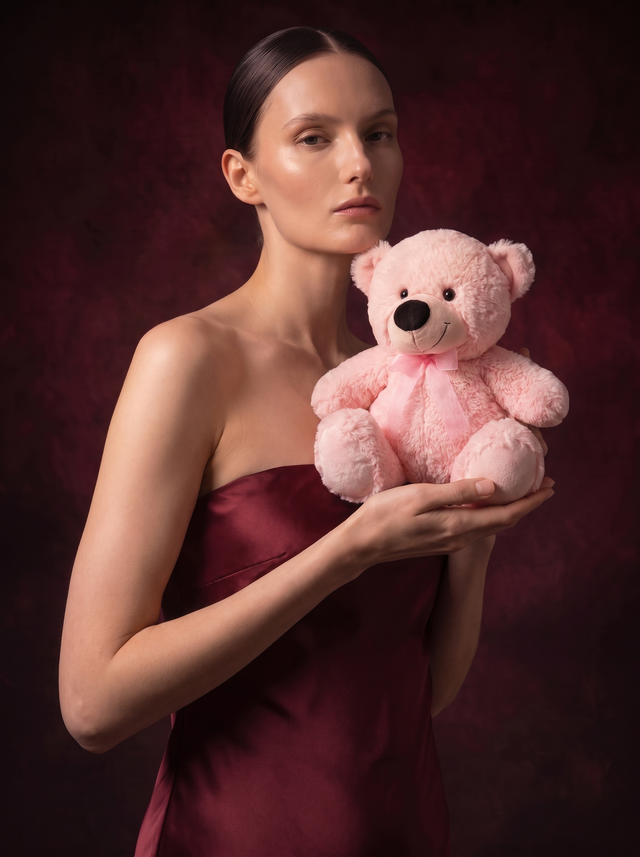 A woman in a burgundy dress holding the 25cm Classic Bear in pink