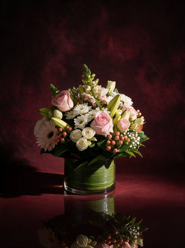 Seraphine in Soft and Serene: blush roses, cream spray roses, white lilies, a pink gerbera, white chrysanthemums, coral hypericum berries and gypsophila in a leaf-lined glass vase, made in Surfers Paradise
