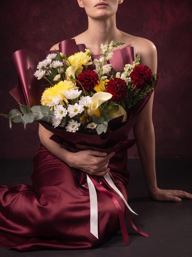Velour, carried: the hand-tied bouquet of buttercup yellow chrysanthemums, deep red carnations and cream calla lilies in burgundy paper, held in both arms by a woman seated in a burgundy satin gown, made in Surfers Paradise