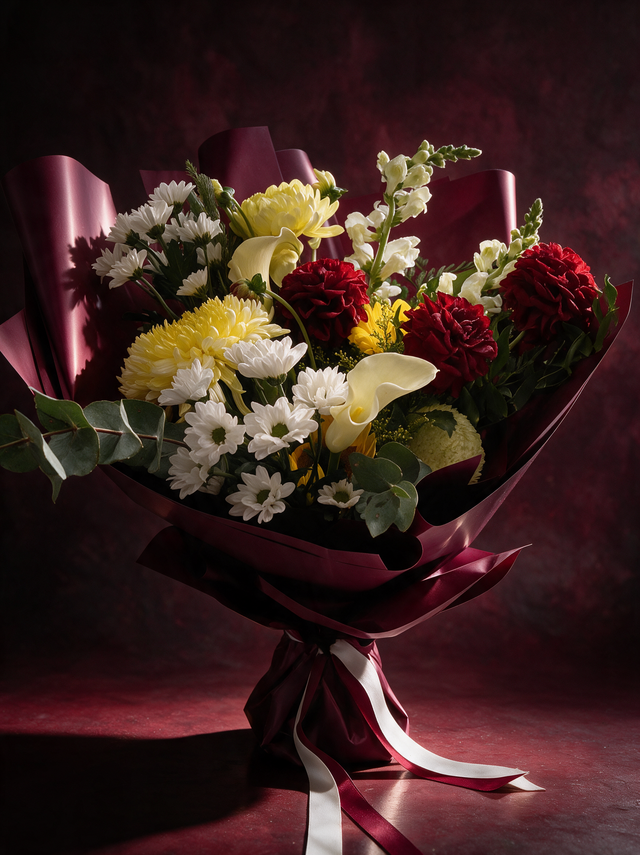 Velour: buttercup yellow chrysanthemums, deep red carnations and cream calla lilies with white daisies, snapdragon and eucalyptus, hand-tied in burgundy paper with burgundy and ivory ribbon, made in Surfers Paradise