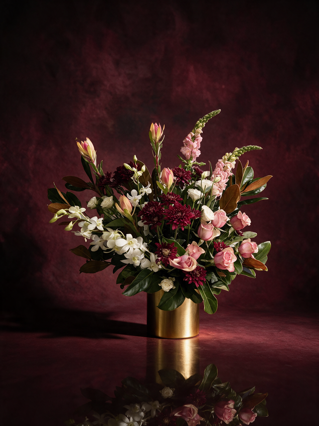 A low, wide arrangement in wine and blush: burgundy chrysanthemums, dusky pink roses, white dendrobium orchid sprays, pink snapdragon and leucadendron, with glossy magnolia leaves, standing in a brushed gold vessel