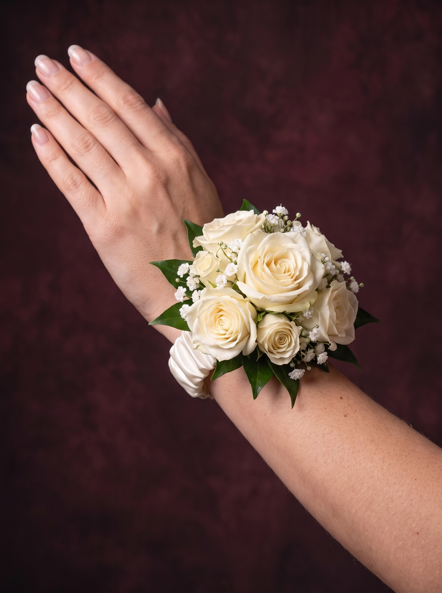 Wrist corsage of cream roses and gypsophila on an ivory satin band, worn on the wrist
